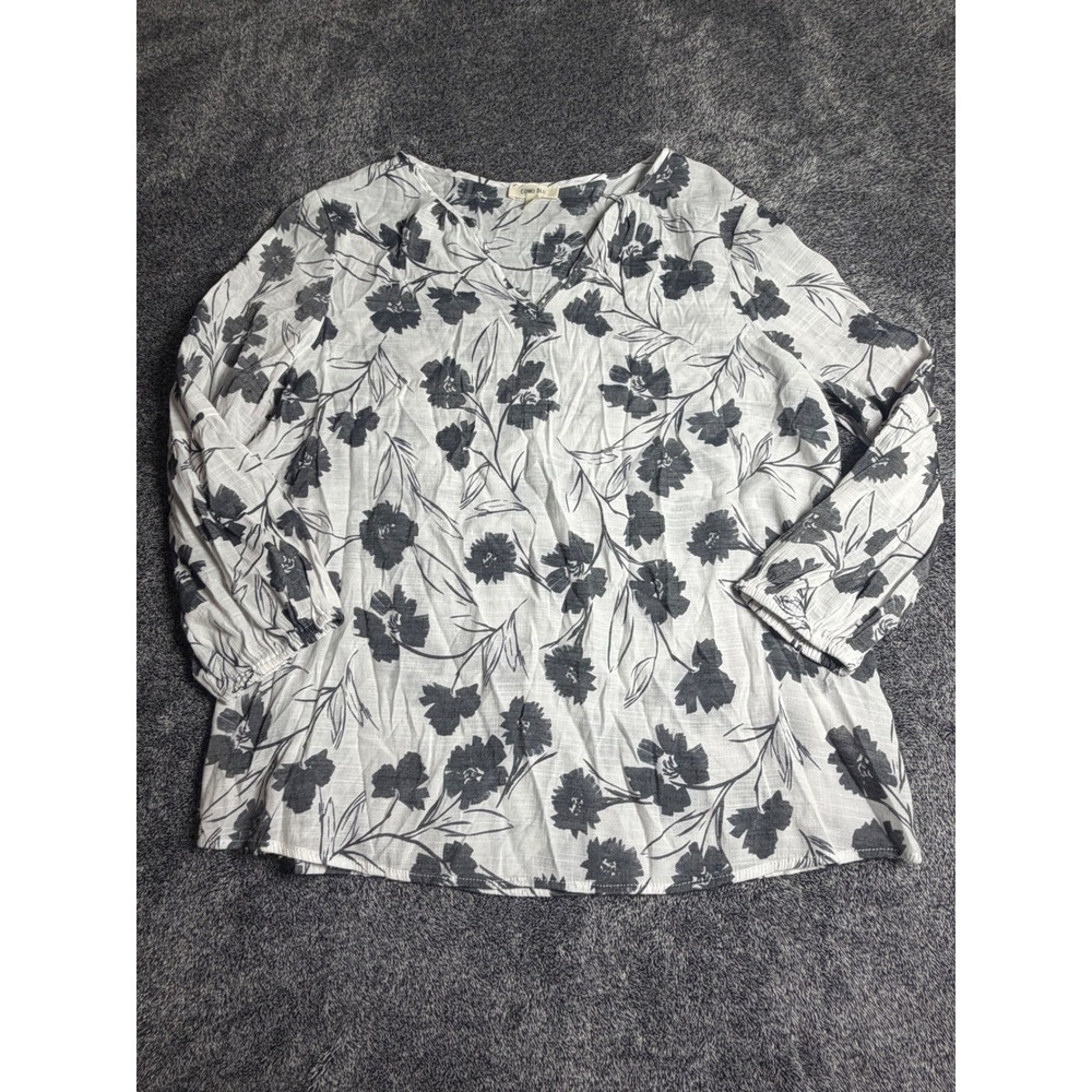 Como Blu Women Grey White Floral Slub Blouse Split V-Neck Long Sleeve G2U060RM L